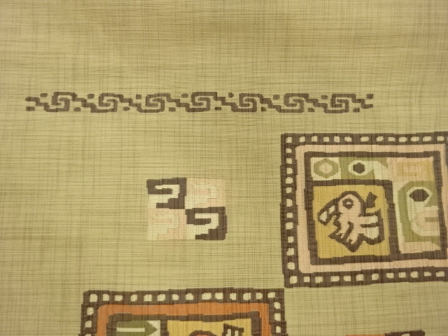  色紙に抽象花鳥模様織出し名古屋帯